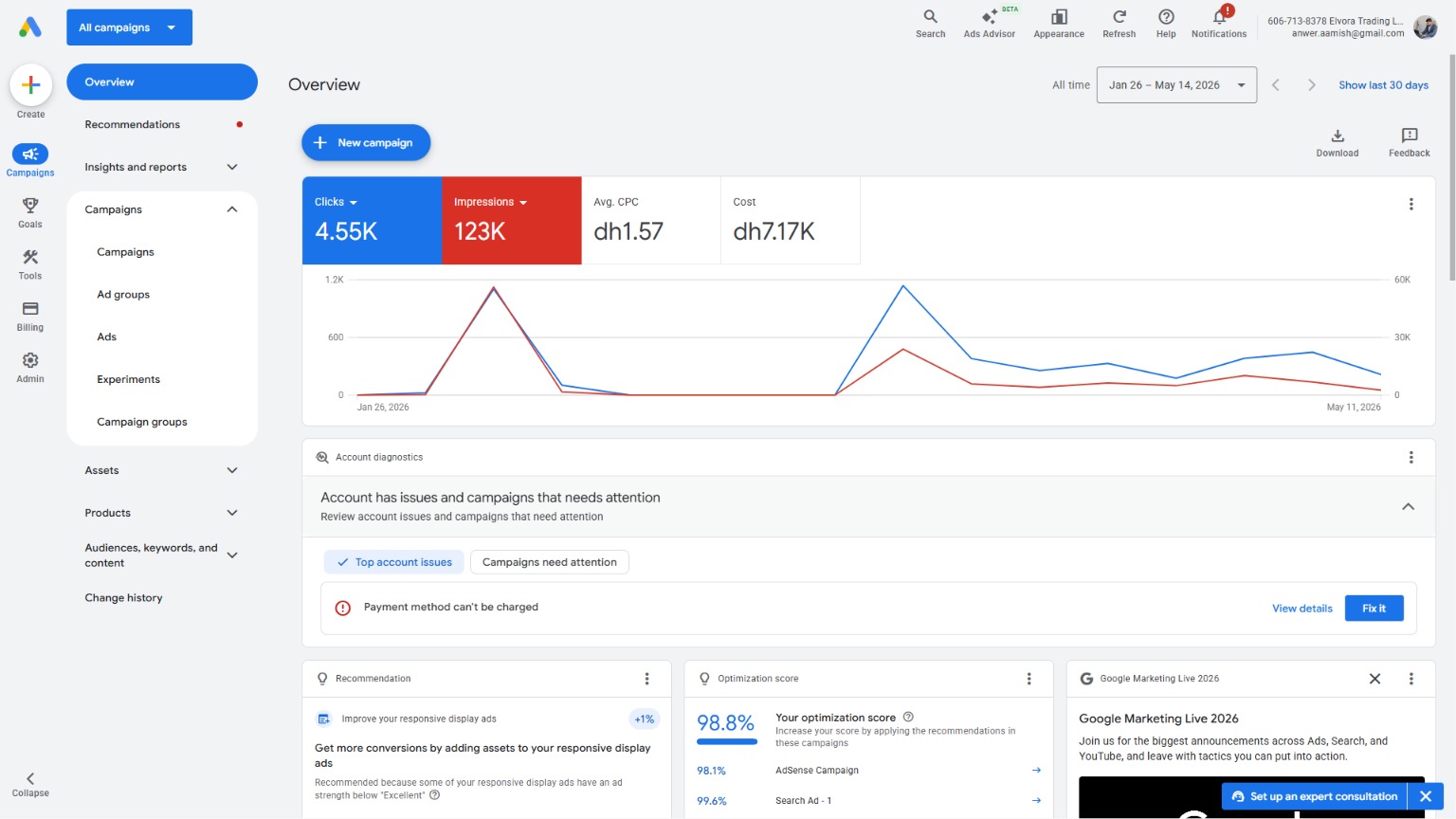 Google Ads account overview for a Control Shift ecommerce client